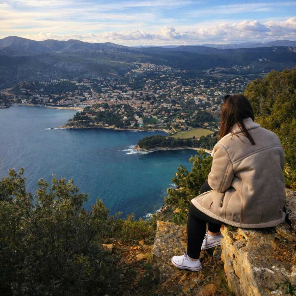 Woman sitting on cliff overlooking a coastal view in France.