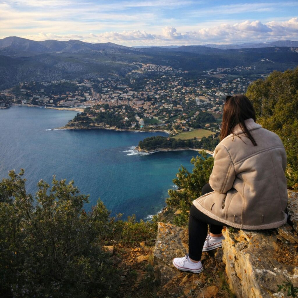Woman sitting on cliff overlooking a coastal view in France.