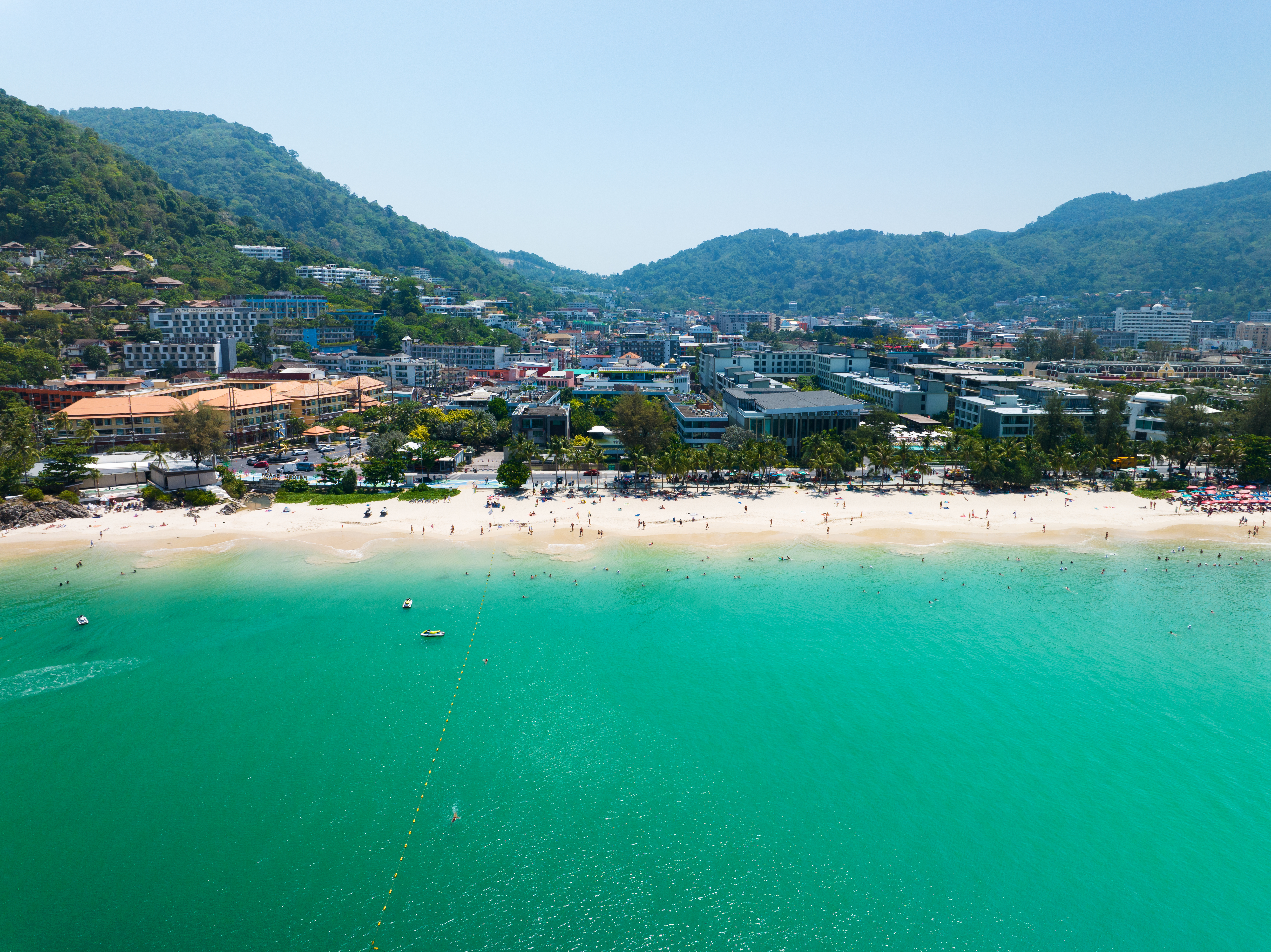 phuket thailand march 2023aerial view beautiful patong beach phuket thailand landscape patong city phuket sunny summer day time beautiful tropical seahigh angle view sea beach