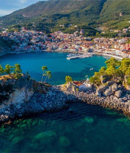 Stunning aerial view of Parga town, Greece, showcasing vibrant coastline and picturesque landscape.