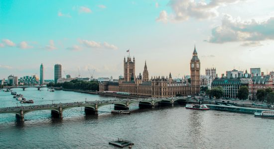 Captivating aerial view of Westminster Palace, Big Ben, and River Thames in London, UK.