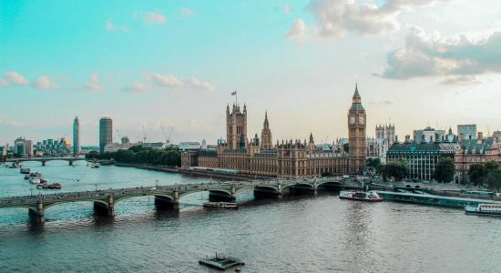 Captivating aerial view of Westminster Palace, Big Ben, and River Thames in London, UK.
