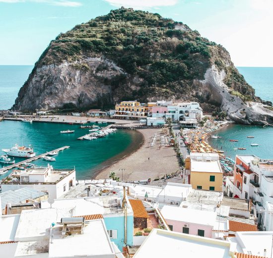 Stunning aerial view of the picturesque port of Sant'Angelo in Ischia, Italy.