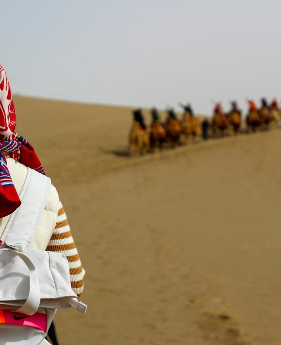Back view of people on a camel caravan in a desert landscape under a cloudy sky.